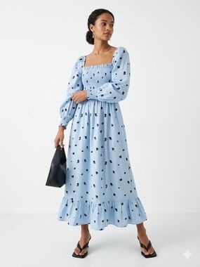 NWT CRĀS Faficras Organic Cotton Smocked Midi Dress - Rose Bell Blue - Size 36